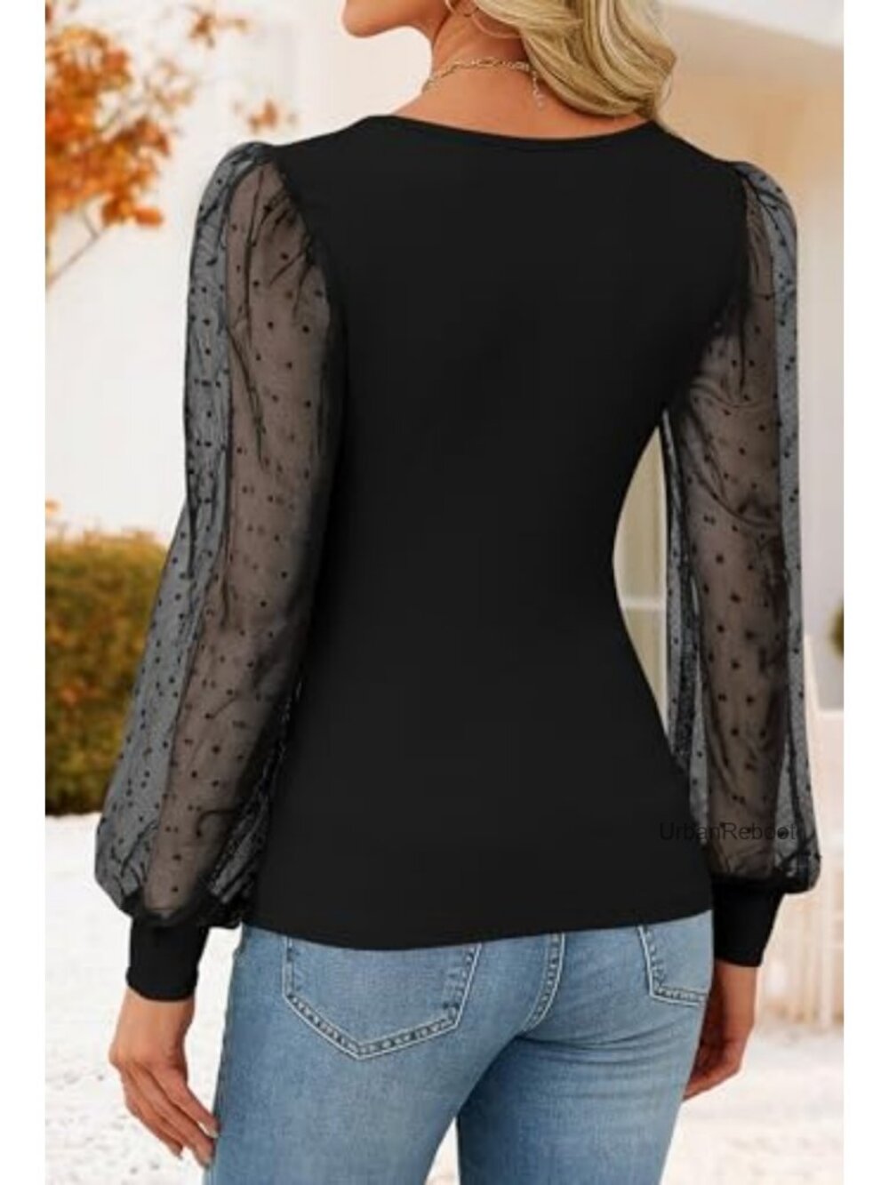 ZESICA Women's V-Neck Long Sleeve Ribbed Knit Mesh Puff Sleeve Dressy Casual Top - Picture 3 of 6